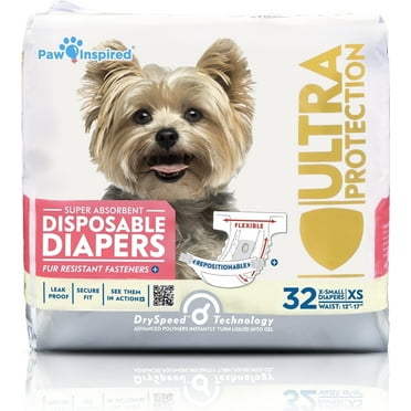 Paw Inspired Disposable Dog Diapers Female| Puppy, Doggie, Cat Diapers |Diapers for Dogs in Heat Period, Diapers that Stay on Bulk, Senior, Excitable Urination, or Incontinence (X-Small, 32 Count)