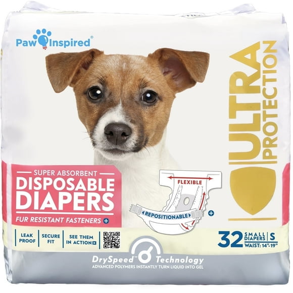 Paw Inspired Disposable Dog Diapers Female| Puppy, Doggie, Cat, Pet Diapers |Diapers for Dogs in Heat Period, Diapers that Stay on, Senior, Excitable Urination, or Incontinence (Small, 32 Count)