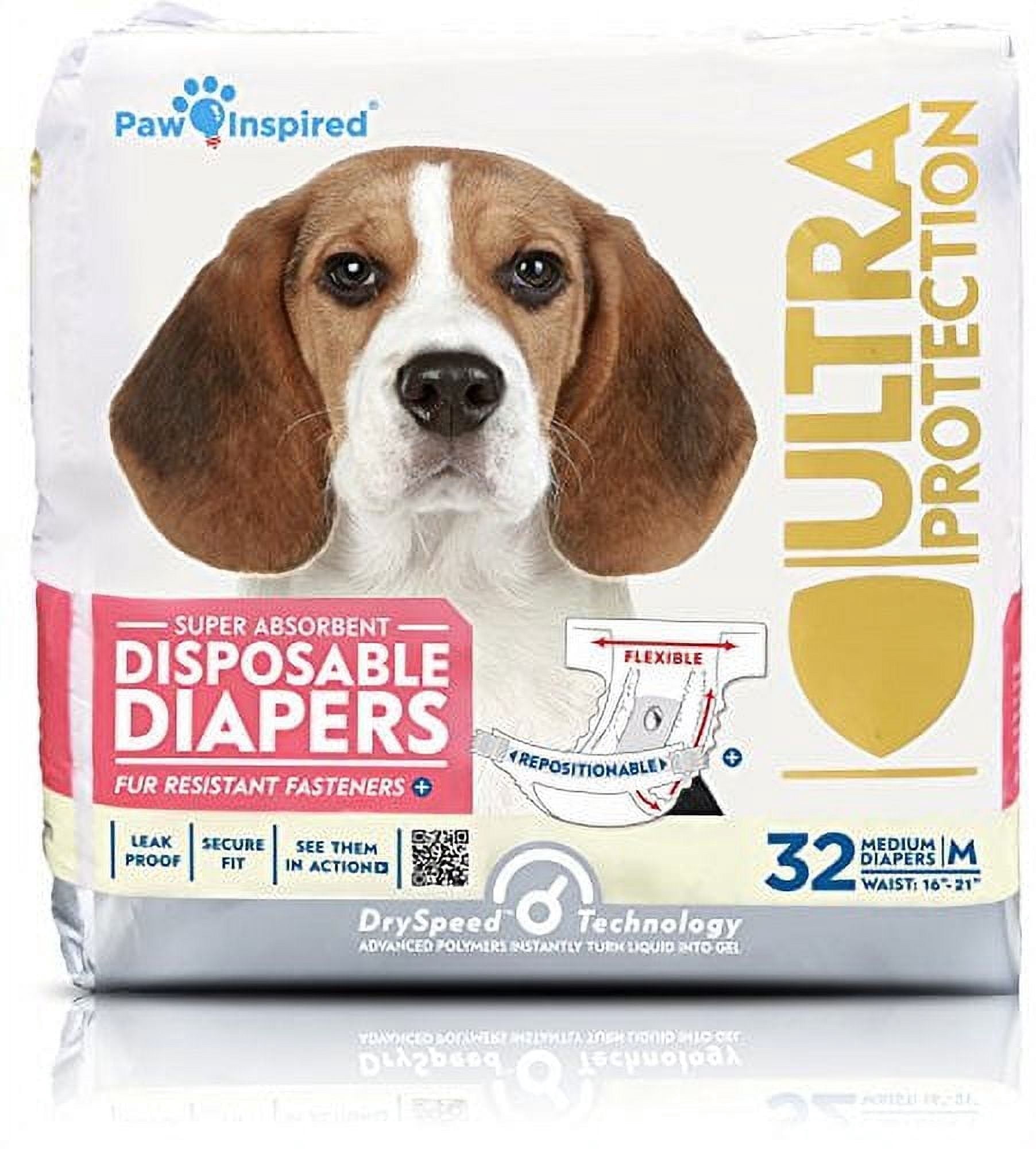 Paw Inspired 32ct Disposable Dog Diapers Female (Medium)| Puppy, Doggie, Cat, Pet Diapers |Diapers for Dogs in Heat Period, Diapers that Stay on, Senior, Excitable Urination, or Incontinence