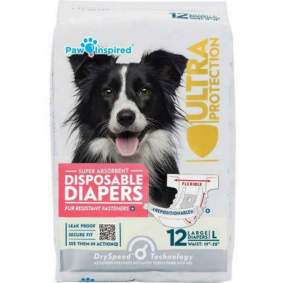Paw Inspired Disposable Dog Diapers for Female | Puppy, Doggie, Pet, Cat Diapers | Diapers for Dogs in Heat Period, Diapers Pampers that Stay on for Senior, Incontinence, Training (Large, 12 Count)