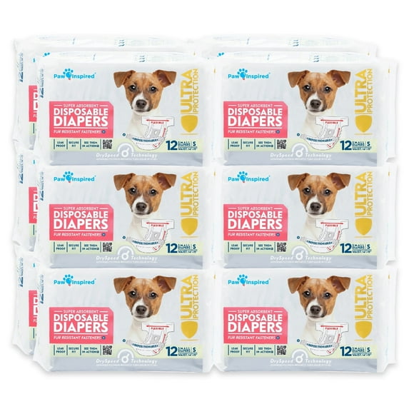 Paw Inspired Disposable Dog Diapers for Female | Puppy, Doggie, Pet, Cat Diapers | Diapers for Dogs in Heat Period, Diapers Pampers that Stay on for Senior, Incontinence, Training (Small, 144 Count)