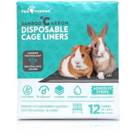 Paw Inspired Disposable Guinea Pig Cage Liners for Ferret/Critter Nation | Bamboo Charcoal Odor Controlling | Super Absorbent Liners Pee Pads for Ferrets, Rabbits, Hamsters, Small Animals (12 Count)
