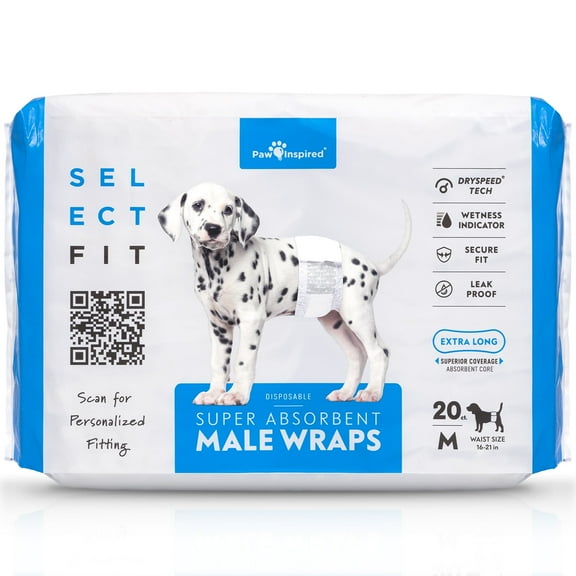 20ct Paw Inspired Select Fit Disposable Male Diapers, Belly Bands Wraps with Wetness Indicator and Extended Absorbent Core (Medium)