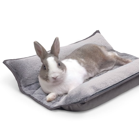 Paw Inspired 17x17” Ultra-Soft Fleece Flop Bunny Bolster Bed for Rabbits, Cats, Dogs and Other Small Pets | Reversible Bedding with Padded Sides (Gray/Faux Fur)