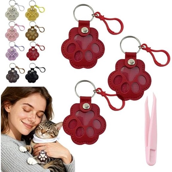 Paw Keys, Pawkeys, Handcrafted Leather Keepsake, Pet Hair Keychain for Dog Cat, The Paw Print Keepsake, Leather Paw Print Pet Fur Keepsake Keychain(Red*3pcs)