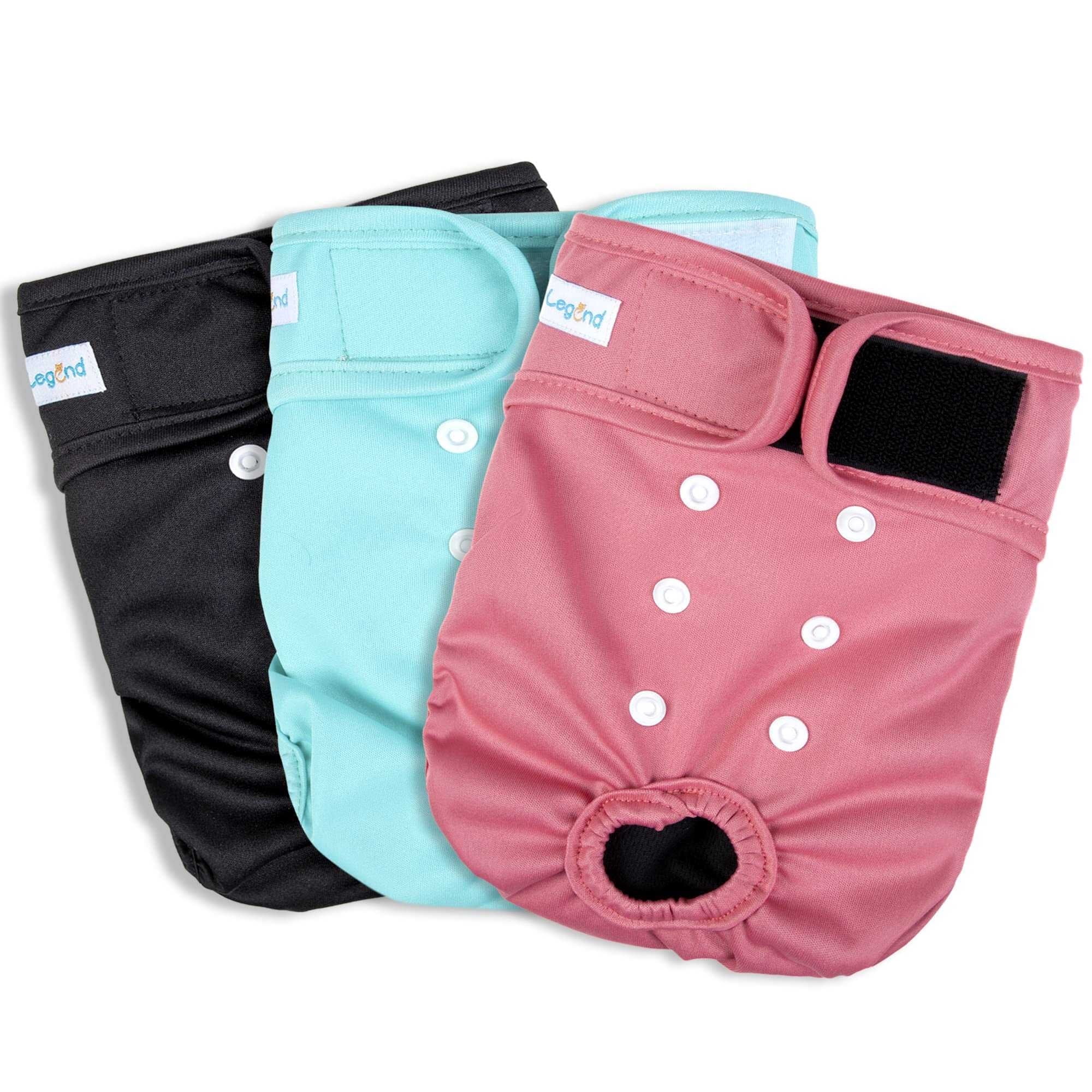 Paw Legend Reusable Female Dog Diapers Pack of 3, No Leak Doggie Diapers for Heat Cycle, Black, Blue, Pink, Small