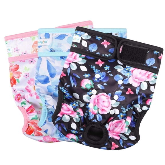 Paw Legend Reusable Female Dog Diapers Pack of 3, No Leak Doggie Diapers for Heat Cycle, Peony Flower, Large