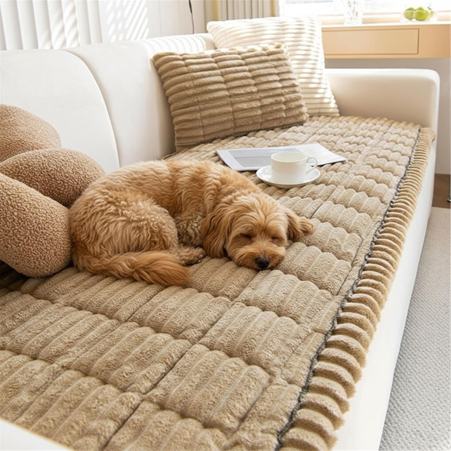 Paw Lounge Plush Pet Couch Cover - Paw cart Waterproof Sofa Protector for Dogs & Pets, Washable Anti-Slip Cover for 3 Cushion Couch, Sectional (Khaki, Medium (2-Seater) — 24 x 82inches)