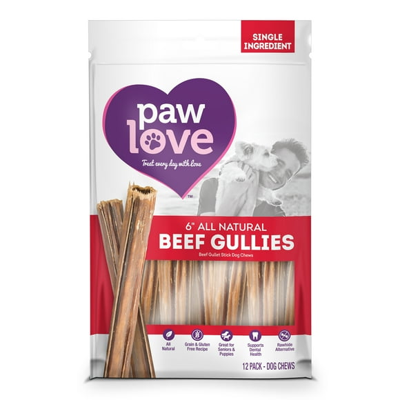 Paw Love All Natural Beef Gullet Dog Chew Treats, Single Ingredient, 6" Chew, 12pk