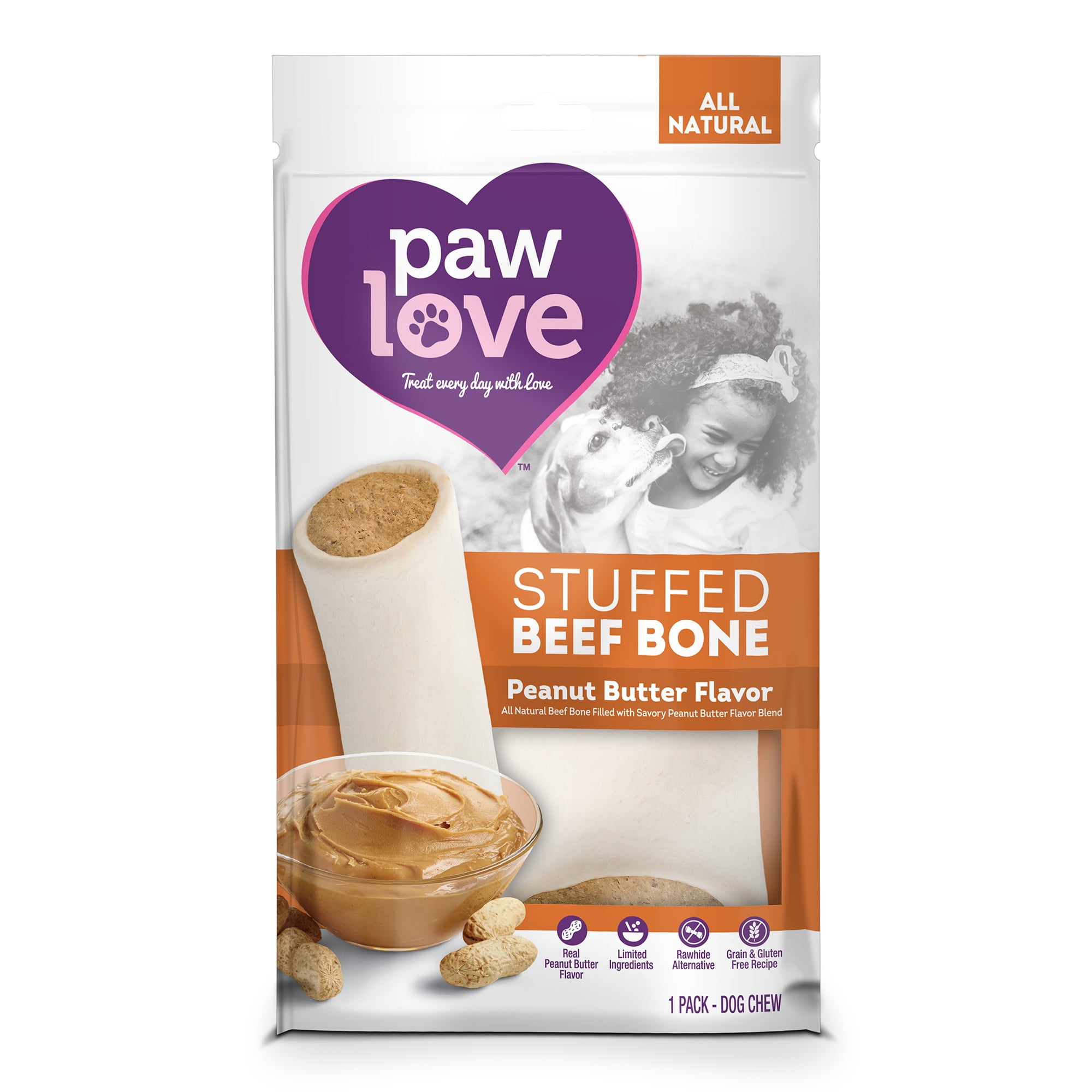 Paw Love All Natural Peanut Butter Stuffed Shin Bone, (1 Pack) 