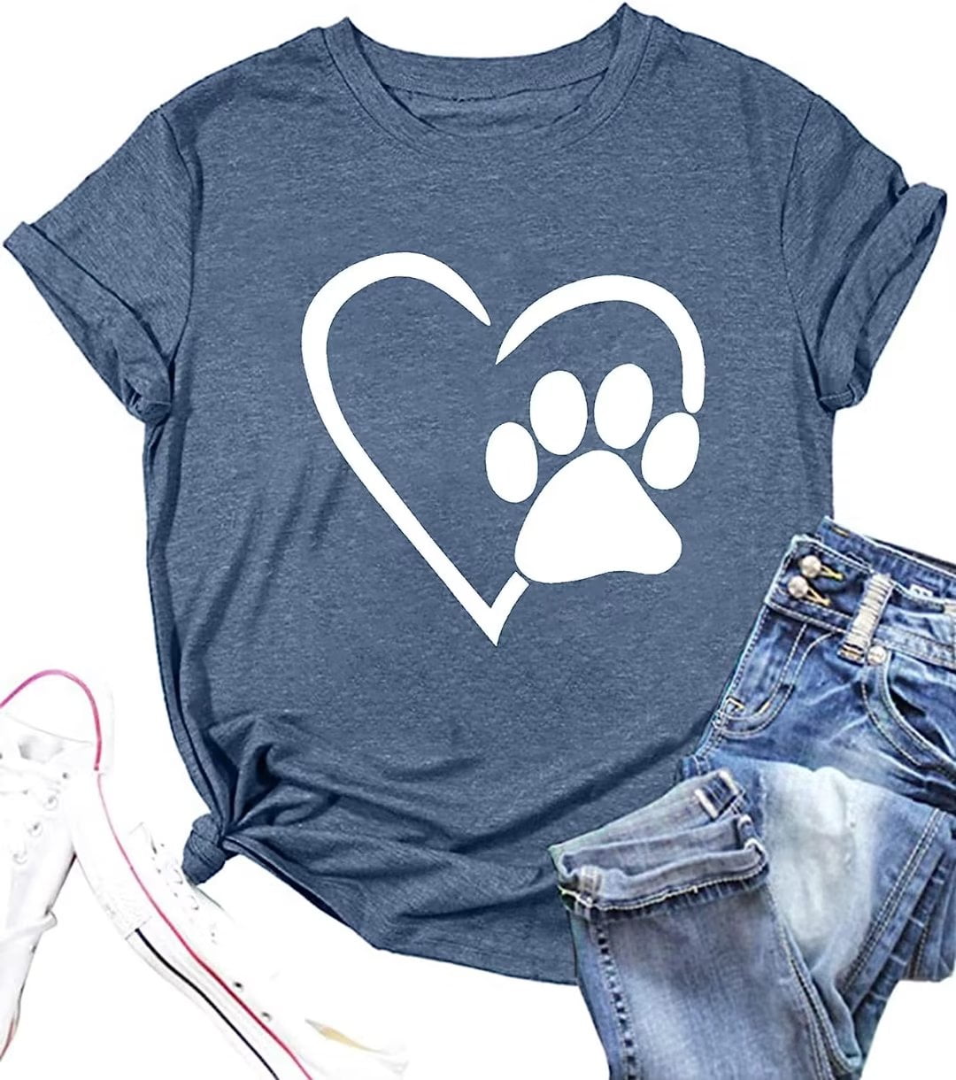 Paw Love T Shirt Dog Lover Shirts for Women Paw Print Heart Tee Shirt