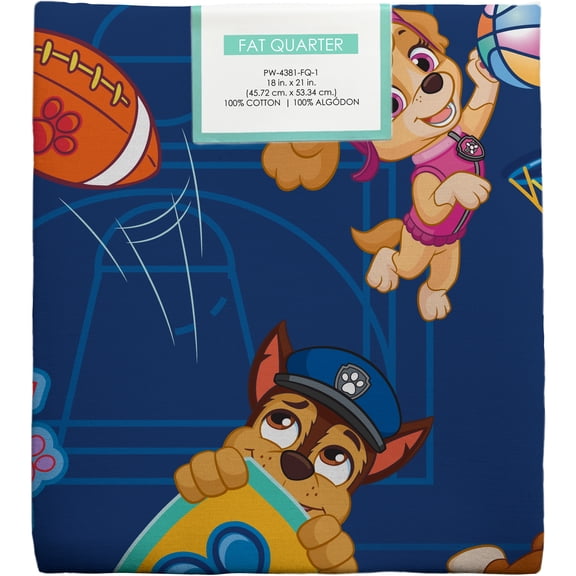 Paw Patrol 100% Cotton Sporty Pups, Blue, 18" x 21" for Quilting & Sewing, 1 Each