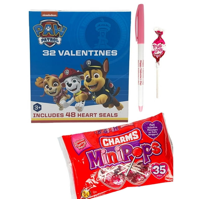 Paw Patrol 32 Valentines Cards with Charms Lollipops MiniPops, Stickers