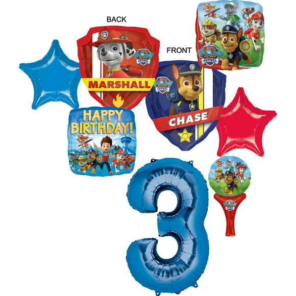 Paw Patrol 3rd BIRTHDAY PARTY 7 PIECE BALLOONS BOUQUET DECORATIONS CHASE MARSHALL including 12" Hand Held Air Filled Balloon