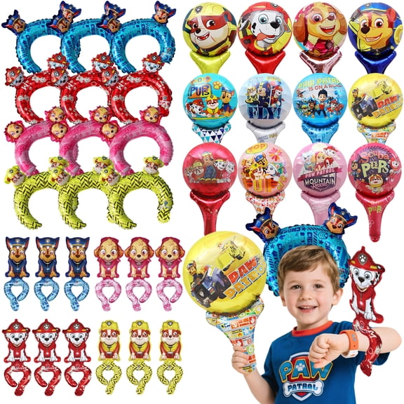 36Pcs Paw Patrol Birthday Party Foil Balloon Decoration Set - Paw Patrol Balloon Headband & Handheld Foil Balloons & Wristband Balloons for Paw Patrol Themed Party Supplies for Boys/Girls