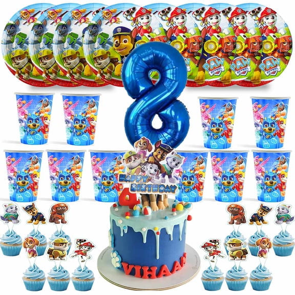 Paw Patrol Boy Birthday 8th Cups Party Supplies Plates Fans Decorations Cake Topper Decor