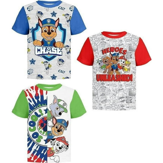 Nickelodeon Paw Patrol Boys Graphic T-Shirts, Toddler Boys Short Sleeve Shirts, Blue/Red/Green, 3 Pack