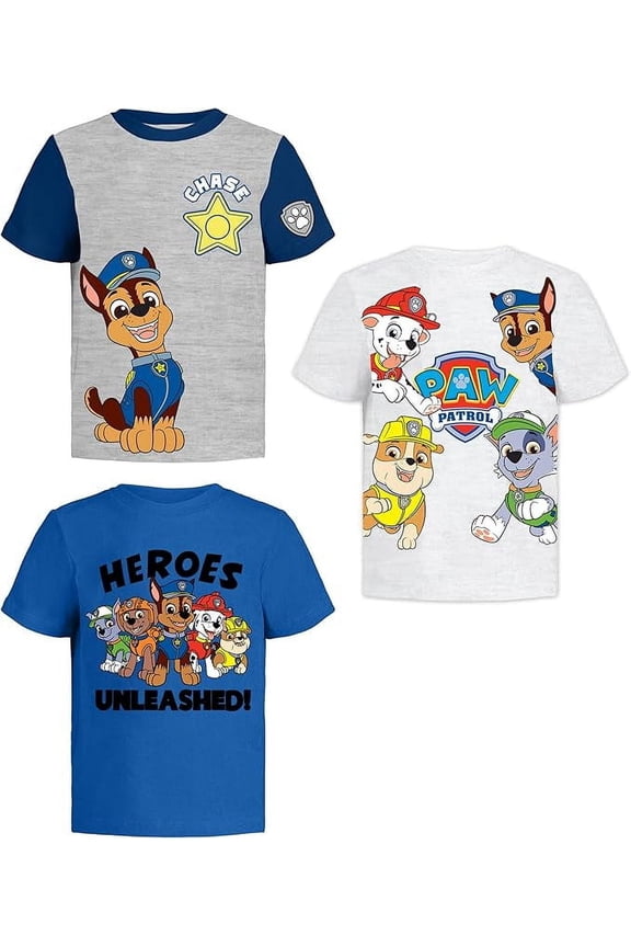 Paw Patrol Boys' 3-Pack Graphic T-Shirts – Featuring Rubble, Chase & Marshall – Toddler Birthday Outfit (7 Years) – Grey Heather, White Heather, Blue Short Sleeves