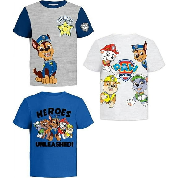 Paw Patrol Boys' 3-Pack Graphic T-Shirts – Featuring Rubble, Chase & Marshall – Toddler Birthday Outfit (7 Years) – Grey Heather, White Heather, Blue Short Sleeves