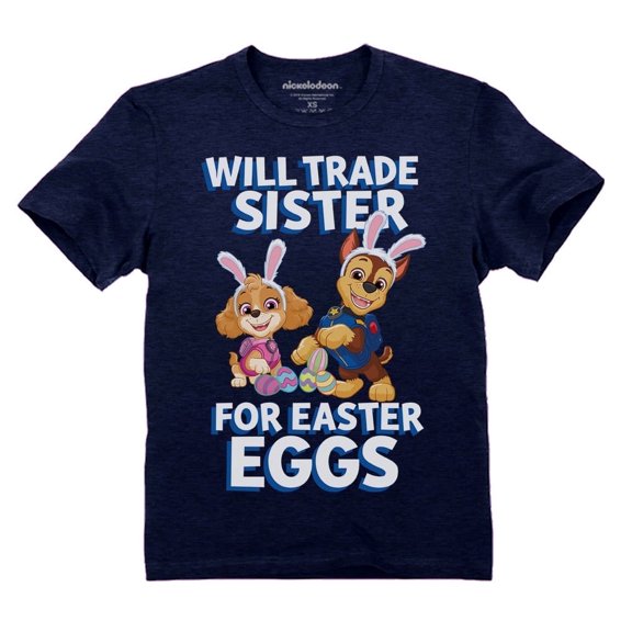 Paw Patrol Boys' Easter Bunny Shirt Will Trade Sister for Eggs Funny Sibling T-Shirt Toddler Kids T-Shirt 5T Heather Navy