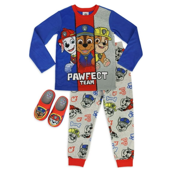 Paw Patrol Boys Long Sleeve Top with Pants and Slippers Pajama Set, 3-Piece, Sizes 4-8