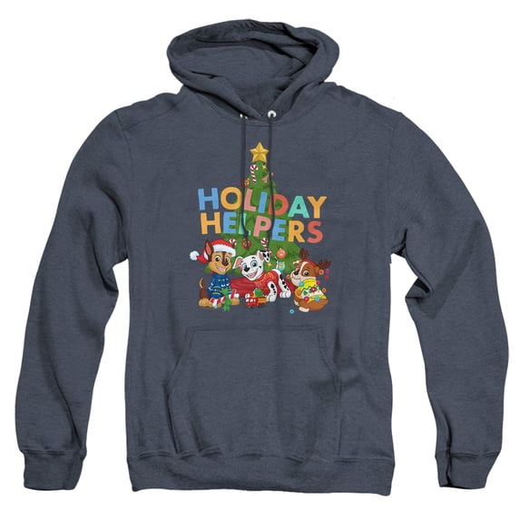 Paw Patrol Chase, Marshall, Rubble Christmas Holiday Helpers Unisex Adult Pull-Over Heather Hoodie, Navy Heather, 3X-Large