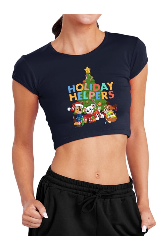 Chase, Marshall, Rubble Christmas Holiday Helpers Women's Cap Sleeve Baby Rib Crop Top, Navy, Medium