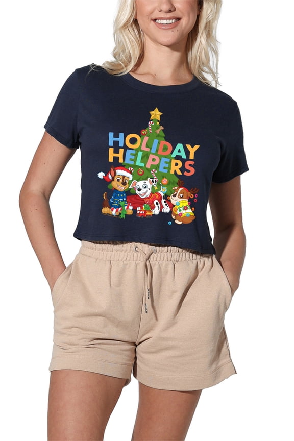 Chase, Marshall, Rubble Christmas Holiday Helpers Women's Crop Top T-Shirt, Navy, X-Large