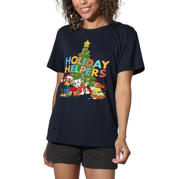 Paw Patrol Chase, Marshall, Rubble Christmas Holiday Helpers Women's Loose T-Shirt, Navy, Medium