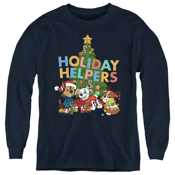 Paw Patrol Chase, Marshall, Rubble Christmas Holiday Helpers Youth Long Sleeve T Shirt, Navy, Medium