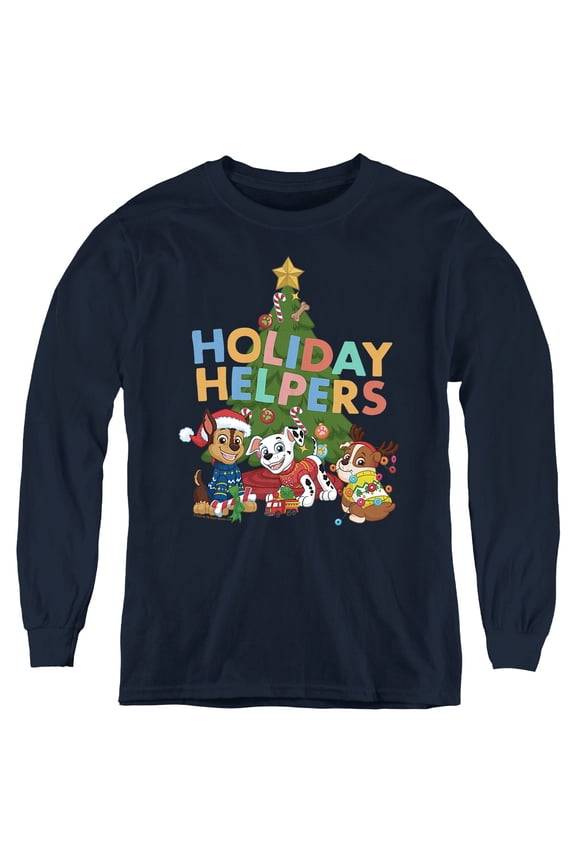 Chase, Marshall, Rubble Christmas Holiday Helpers Youth Long Sleeve T Shirt, Navy, Medium