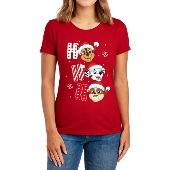 Paw Patrol Chase Marshall Rubble Christmas Santa Hats Women's T Shirt, Red, 2X-Large