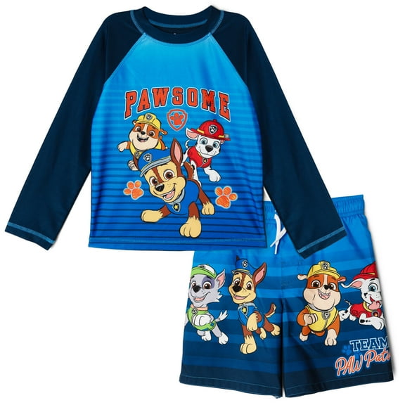 Paw Patrol Chase Marshall Rubble Raglan Rash Guard and Swim Trunks Outfit Set UPF 50+ Toddler to Little Kid