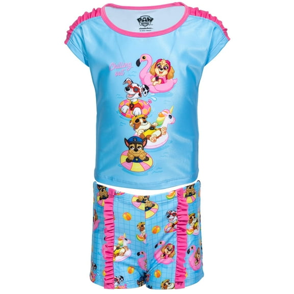 Paw Patrol Chase Marshall Rubble Skye Little Girls Swim Rash Guard Bottom Set Light Blue 6