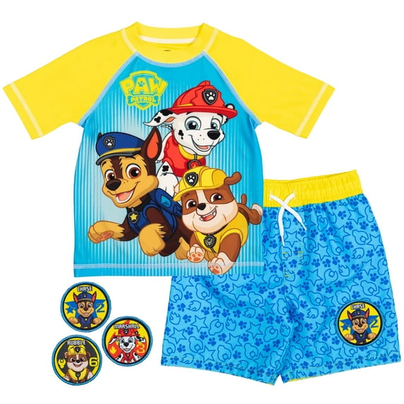 Paw Patrol Chase Marshall Rubble Toddler Boys UPF 50+ Rash Guard Swim Trunks with Removable Patches Outfit Set Blue 5T