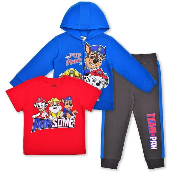 Paw Patrol Chase, Marshall and Rubble Boys 3 Piece Zip Up Hoodie Tee and Jogger Set, Toddler