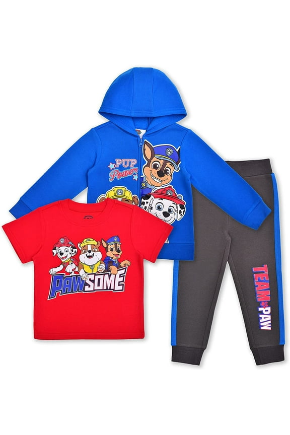 Paw Patrol Chase, Marshall and Rubble Boys 3 Piece Zip Up Hoodie Tee and Jogger Set, Toddler