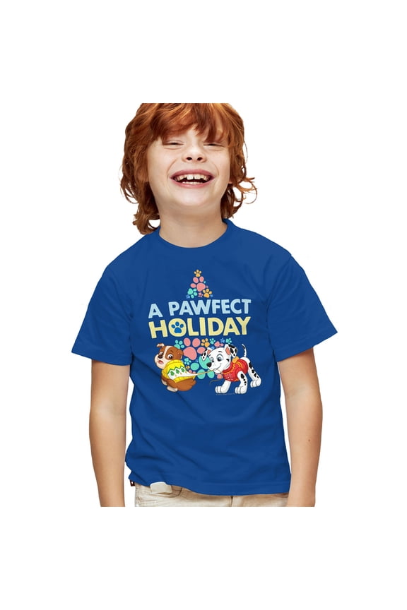 Christmas, A Pawfect Holiday Rubble and Marshall Kids T Shirt for Youth Boys and Girls, Royal, X-Large