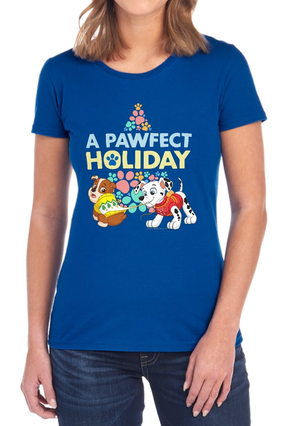 Christmas, A Pawfect Holiday Rubble and Marshall Women's T Shirt, Royal, Large
