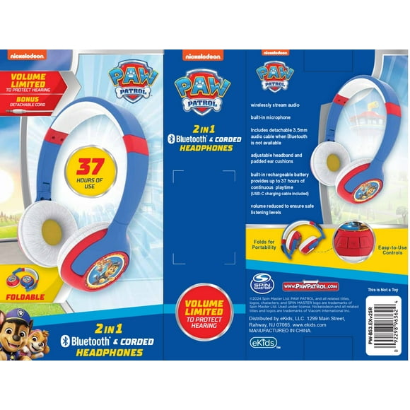 eKids Paw Patrol Wireless Headphonee for kids, Foldable, with Microphone Includes Aux Cord, Earphones