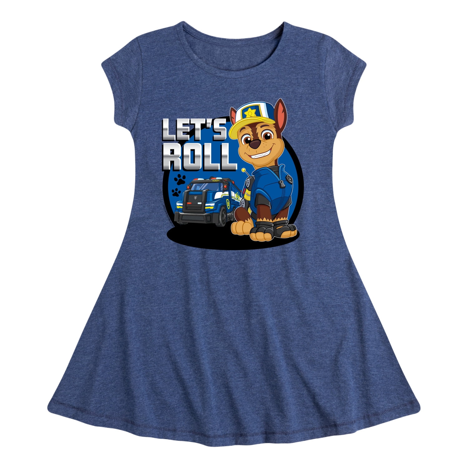 Paw Patrol Chase Sketch Fit Flair Cap Sleeve Dress Heather Navy 4T