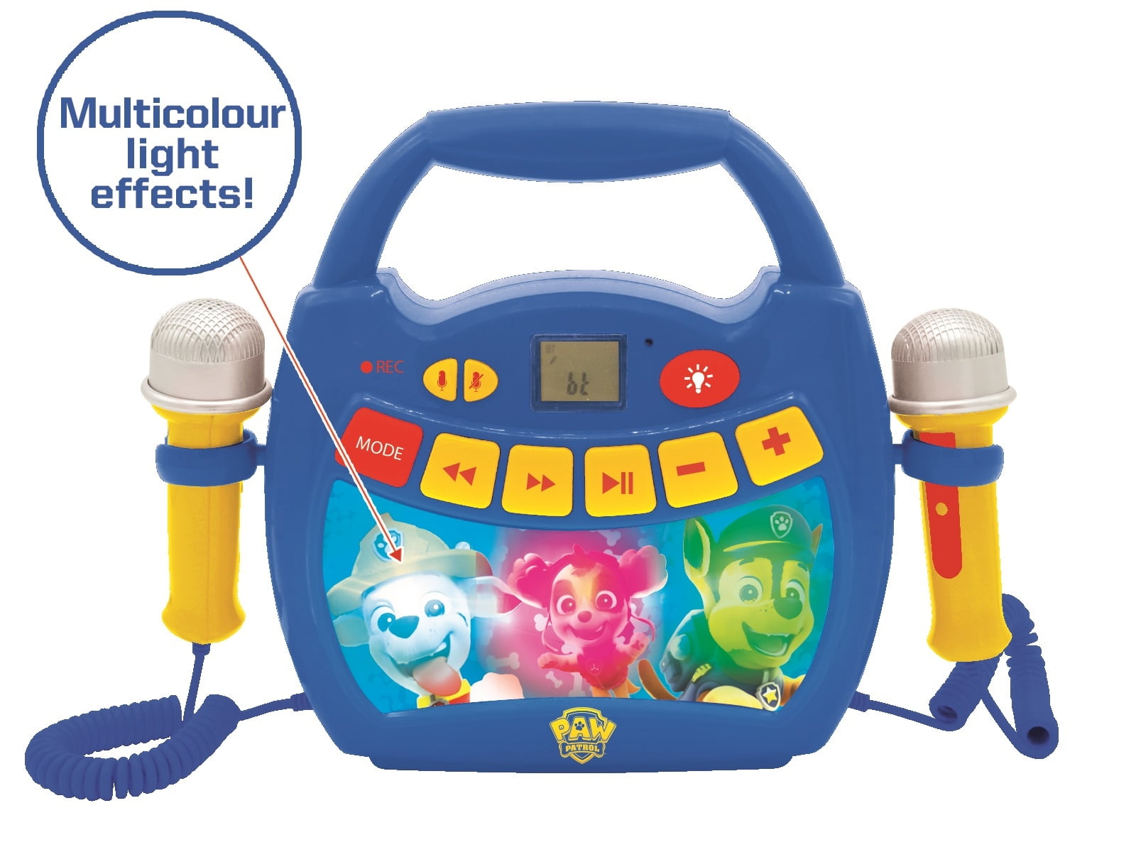 Lexibook Paw Patrol, Portable Karaoke digital player for kids – Microphones, Light effects, Bluetooth, Record and voice changer functions, Rechargeable battery, Blue/red
