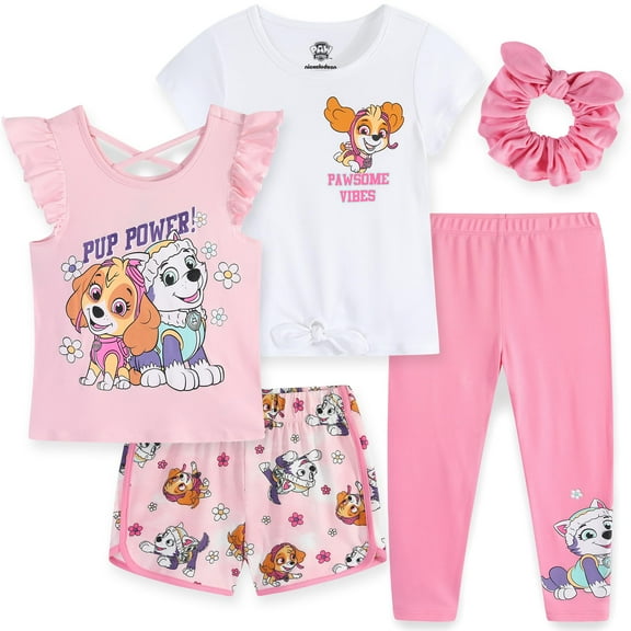 Paw Patrol Nickelodeon Mix and Match Tops, Leggings, Shorts & Scrunchie (Girls), 5 Piece Set, Sizes 2T-6X