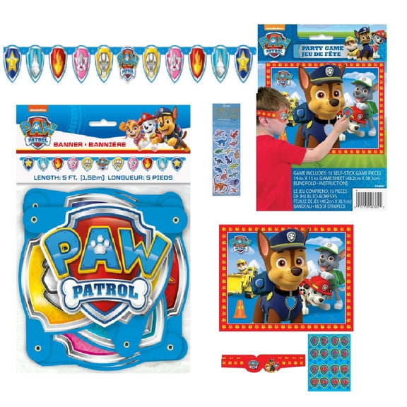Paw Patrol Party Favors Bundle for 16 Guests - 1 Party Game for up to 16 Players, 1 Happy Birthday Banner, 1 Dino Sticker Sheet