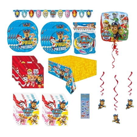 Paw Patrol Party Supplies Bundle Pack includes 16 Lunch Plates, 16 Napkins 6.5", 1 Table Cover, 1 Banner, 3 Hanging Decorations, 16 Loot Bags, 1 Mylar