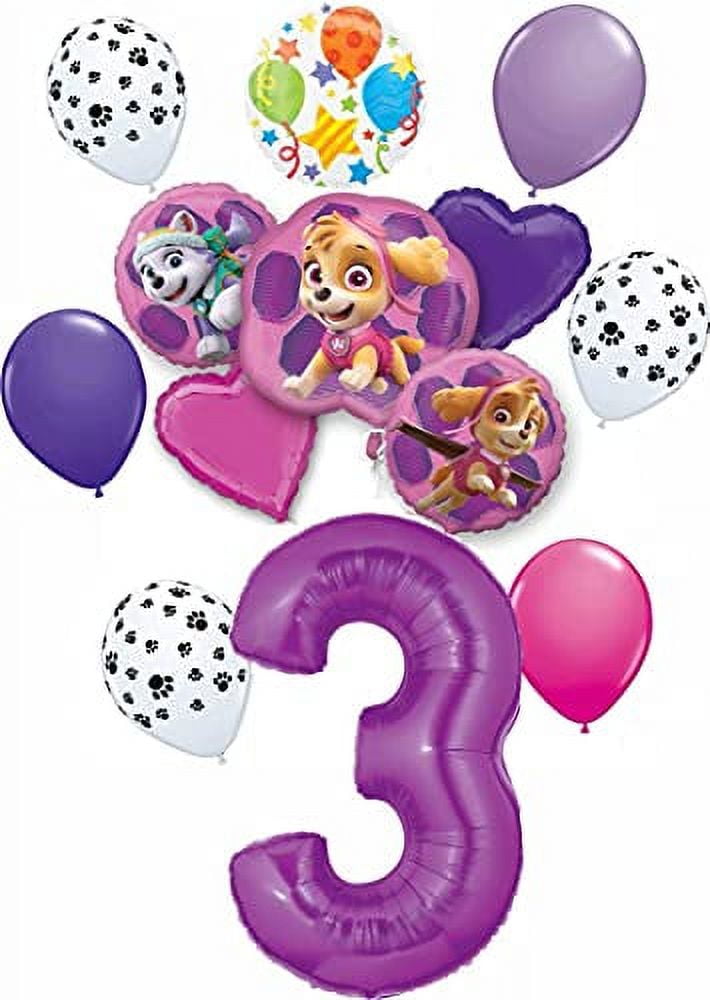 Paw Patrol Party Supplies Skye and Everest Pups 3rd Birthday Balloon Bouquet Decorations Purple Number 3