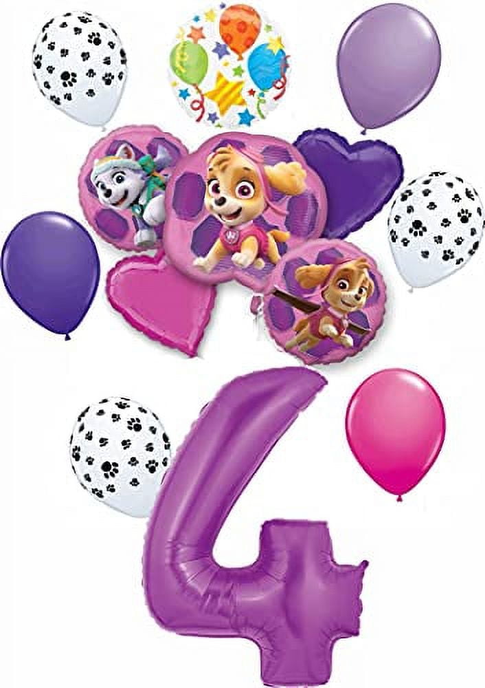 Paw Patrol Party Supplies Skye and Everest Pups 4th Birthday Balloon Bouquet Decorations Purple Number 4