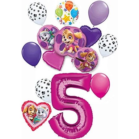 Paw Patrol Party Supplies Skye and Everest Pups 5th Birthday Balloon Bouquet Decorations Pink Number 5