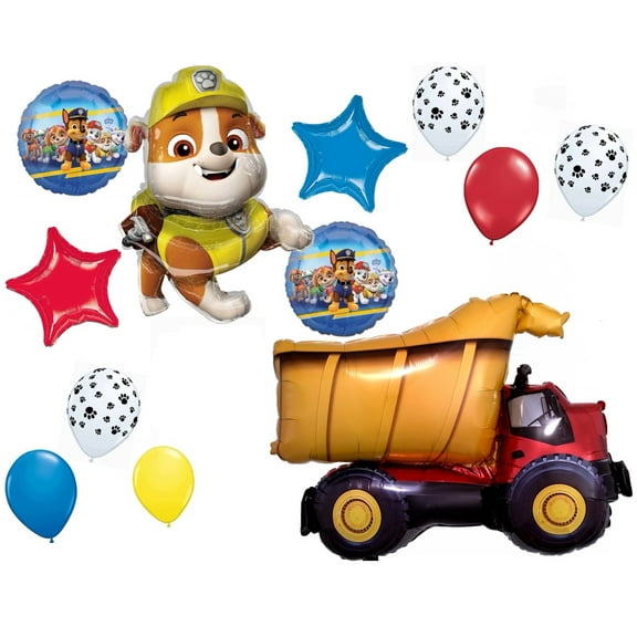 Paw Patrol Pups Rubble and Dump Truck 12 Piece Birthday Party Supplies Balloon Bouquet Decorations.