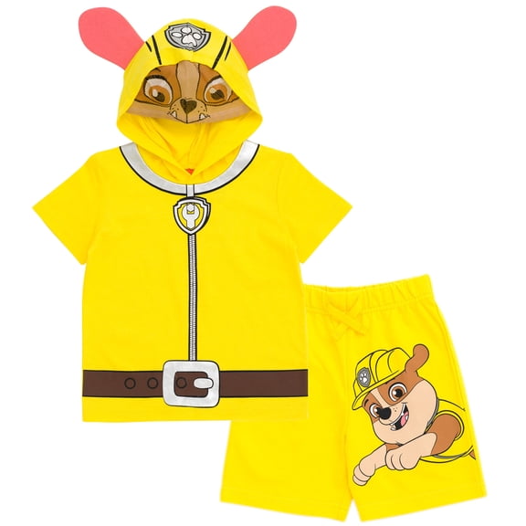 Paw Patrol Rubble Big Girl Boy Kids Cosplay T-Shirt and Bike Shorts French Terry Outfit Set Yellow 10-12